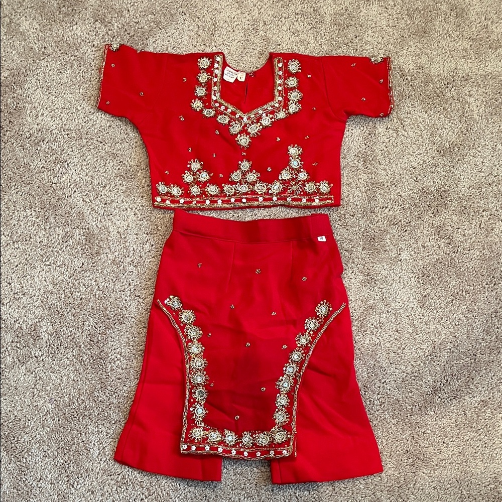 Traditional Red Embellished Two-Piece Outfit
